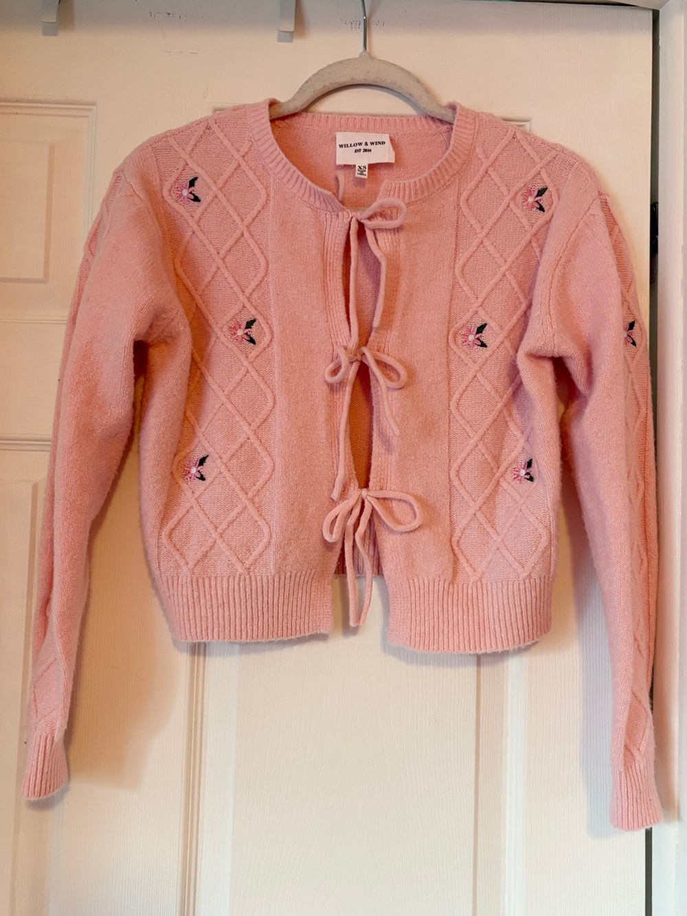 Willow & Wind Pink Tie-Front Knit Sweater with Embroidered Flowers